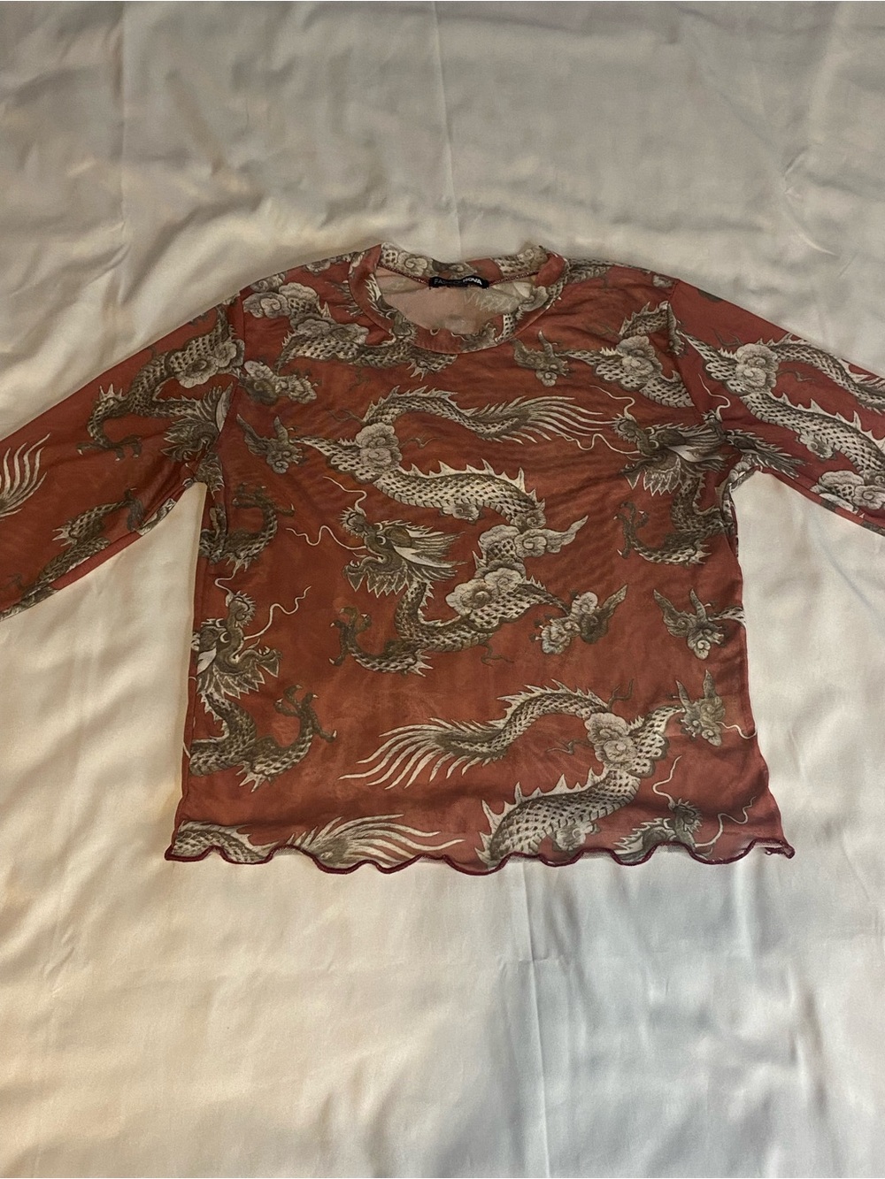 Fashion Nova Rust Sheer Dragon Print Long Sleeve Top